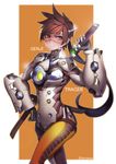  armor bangosu bangs bodysuit brown_eyes brown_hair character_name closed_mouth cowboy_shot cross-laced_clothes cross-laced_legwear fusion genji_(overwatch) goggles hand_up harness headband holding holding_sword holding_weapon katana overwatch pants power_armor scabbard sheath sheathed short_hair smile solo spiked_hair strap swept_bangs sword thigh_strap tight tight_pants tracer_(overwatch) twitter_username vambraces weapon 