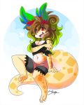  3_toes 4_fingers anthro barefoot belly big_breasts bra breasts brown_hair cleavage clothed clothing cute_fangs digital_media_(artwork) female green_hair hair hamster_(hamsteroftime) hamsteroftime looking_at_viewer midriff multicolored_hair navel non-mammal_breasts open_mouth quetzalcoatl red_eyes reptile scalie simple_background sitting slightly_chubby smile toes two_tone_hair underwear watermark 