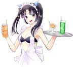  :d alternate_hairstyle apron bangs bare_arms bikini_top black_eyes black_hair blue_ribbon blush breasts cleavage collarbone cup drink drinking_glass drinking_straw food frilled_apron frills hair_ribbon holding holding_cup holding_tray ice ice_cream ice_cream_cup ice_cube kyou_(karankoron) kyoukai_no_rinne long_hair looking_at_viewer maid_headdress medium_breasts melon_soda open_mouth orange_juice parted_bangs ribbon shima_renge simple_background smile solo spoon tray twintails upper_body waitress white_apron 