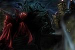  batman batman_(series) building cape crossover dc_comics glowing glowing_eyes green_eyes highres image_comics mask spawn spawn_(spawn) superhero takuyan 