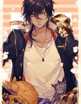  2015 animal armor brown_hair cat copyright_name dark_skin dark_skinned_male green_eyes ikuhiro_(19nnnkti16) jacket japanese_armor jewelry looking_down male_focus necklace ookurikara open_clothes open_jacket orange_background patterned_background paw_print striped striped_background touken_ranbu 