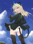  animal_ears ass black black_legwear blonde_hair blue_sky brown_gloves cat_ears cat_tail cloud cloudy_sky day fang gloves green_eyes hair_between_eyes hand_on_hip heinrike_prinzessin_zu_sayn-wittgenstein highres hirschgeweih_antennas long_hair looking_back military military_uniform mishiro_shinza noble_witches open_mouth outdoors panties sky solo tail thighhighs underwear uniform white_panties wind wind_lift world_witches_series 