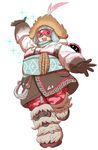  abominable_mei alternate_costume arm_up bad_id bad_twitter_id blue_scarf boots brown_eyes brown_gloves canister full_body fur-trimmed_boots fur_boots fur_trim gloves goggles hat jocheong looking_at_viewer mei_(overwatch) open_mouth overwatch rope scarf simple_background smile snowball solo sparkle teeth white_fur 