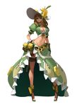  breasts brown_hair cleavage dress flower full_body hand_on_hip hat hat_flower high_heels legs looking_at_viewer medium_breasts midriff navel raised_eyebrow shadow simple_background solo standing stomach thighs white_background yostxxx 