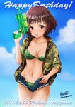  2016 :p akiyama_yukari artist_name bangs bikini breasts brown_eyes brown_hair camouflage camouflage_jacket character_name cowboy_shot cursive cutoffs dated denim denim_shorts girls_und_panzer green_bikini happy_birthday haruhata_mutsuki holding jacket looking_at_viewer medium_breasts messy_hair short_hair short_shorts shorts signature solo standing super_soaker swimsuit thigh_gap tongue tongue_out twitter_username unzipped wet 