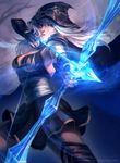  arrow artstation_sample ashe_(league_of_legends) black_dress blue_eyes boots bow_(weapon) breasts cape dress fingerless_gloves gloves glowing glowing_weapon hood image_sample league_of_legends long_hair marisa_oh medium_breasts pauldrons silver_hair solo thigh_boots thighhighs watermark weapon web_address 