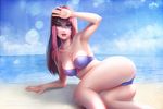  arm_up armpits bangs beach bikini blue_sky breasts brown_eyes brown_hair bunny_tattoo cloud collarbone condensation_trail d.va_(overwatch) day facepaint facial_mark lips long_hair looking_at_viewer lying medium_breasts mole mole_on_thigh nose olga_narhova on_side outdoors overwatch parted_lips pink_lips purple_bikini realistic shading_eyes skindentation sky solo strapless strapless_bikini swimsuit tattoo watermark web_address whisker_markings 