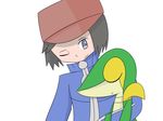  ambiguous_gender clothing duo feral hair holding_(disambiguation) human male mammal mrricey nintendo pok&eacute;mon simple_background smile snivy video_games white_background 