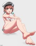  anchor artist_name ass barefoot beret bikini bow breasts brown_eyes brown_hair clothes_writing feet food full_body hand_on_own_knee hat highres holding kantai_collection knees_up looking_at_viewer popsicle sailor_bikini sailor_collar short_hair signature simple_background small_breasts smiley_face solo striped striped_bow swimsuit tongue tongue_out underboob white_bikini white_hat yaruku z3_max_schultz_(kantai_collection) 