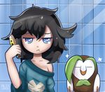  2016 ambiguous_gender avian bare_shoulder bathroom bird black_hair blue_eyes breasts brown_feathers brush brushing clothed clothing dartrix duo eyes_closed feathers female feral girafarig hair half-closed_eyes inside looking_at_viewer mammal moon_(pokemon) nintendo oversized_shirt owl pok&eacute;mon rilex_lenov standing video_games white_feathers 