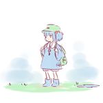  1girl backpack bag blue_eyes blue_hair boots child hair_bobbles hair_ornament hat highres kawashiro_nitori key rubber_boots sketch solo standing touhou two_side_up white_background yoruny younger 