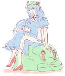  1girl backpack bag blue_eyes blue_hair dress hair_bobbles hair_ornament hand_on_own_knee hat high_heels highres kawashiro_nitori key long_hair older sitting sketch solo touhou white_background yoruny 