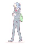  1girl backpack bag blue_eyes blue_hair formal hair_bobbles hair_ornament highres kawashiro_nitori sketch solo suit touhou walking white_background yoruny 