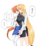  2girls blonde_hair blush brown_eyes eyebrows_visible_through_hair fate_testarossa hair_between_eyes hand_under_clothes hand_under_skirt long_hair lyrical_nanoha multiple_girls navel open_mouth side_ponytail simple_background skirt takamachi_nanoha thighhighs translation_request watercolormark white_background wife_and_wife yuri 