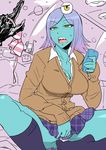  alien aqua_skin bangs breasts bright_pupils buttons cardigan cellphone cleavage collarbone collared_shirt eyeball eyebrows eyebrows_visible_through_hair gradient_hair haitukun holding holding_phone indian_style jpeg_artifacts large_breasts long_sleeves midori_(uchuu_patrol_luluco) miniskirt multicolored_hair navy_blue_legwear no_shoes open_mouth panties pantyshot pantyshot_(sitting) phone purple_skirt ringed_eyes sharp_teeth shirt short_hair sitting skirt sleeves_past_wrists smartphone socks solo sweatdrop swept_bangs teeth third_eye uchuu_patrol_luluco underwear white_panties white_shirt yellow_eyes 