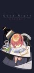  absurdres bad_id bad_pixiv_id black_footwear black_jacket black_ribbon book_stack bookmark chair character_request clipboard closed_eyes closers copyright_name cup desk desk_lamp english from_above fur_trim hair_ribbon highres jacket jacket_removed jellycarrot lamp long_sleeves mug open_mouth orange_hair paper pen ribbon shirt shoes sitting sleeping socks solo twintails white_legwear white_shirt 