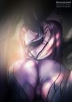  artist_name ass ass_focus back_cutout back_tattoo bodysuit closed_eyes closed_mouth cowboy_shot hemolami highres legs_up long_hair lying on_stomach overwatch pink_bodysuit ponytail purple_hair purple_skin skin_tight solo spider_tattoo tattoo watermark web_address widowmaker_(overwatch) 