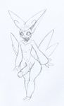  2016 anthro anthrofied big_penis collar fur girly humanoid_penis latiar legendary_pok&eacute;mon looking_at_viewer male monochrome nintendo penis pok&eacute;mon pok&eacute;morph simple_background sketch smile solo traditional_media_(artwork) victini video_games white_background wide_hips 