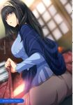  absurdres ass black_hair book breasts hairband highres idolmaster idolmaster_cinderella_girls kotatsu large_breasts long_hair long_sleeves looking_back nohito non-web_source open_mouth sagisawa_fumika scan shawl sitting solo sweater table translation_request 
