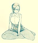  boku_no_hero_academia chiba_toshirou earlobes eyes_visible_through_hair fishnet_pantyhose fishnets glasses graphite_(medium) hair_behind_eyewear hair_over_one_eye jirou_mika monochrome no_shoes pantyhose parted_lips sitting skirt solo traditional_media yokozuwari 