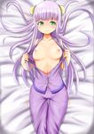 aoki_hagane_no_arpeggio areolae blush breasts green_eyes highres i-400_(aoki_hagane_no_arpeggio) ju_(old505) lying nipples on_back open_clothes pajamas purple_hair small_breasts solo trembling 