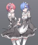  apron bangs blue_eyes blue_hair blush breasts cleavage detached_sleeves frilled_legwear frilled_sleeves frills hair_ornament hair_over_one_eye hair_ribbon highres holding_hands interlocked_fingers light_smile long_sleeves looking_at_viewer maid maid_headdress multiple_girls pink_eyes pink_hair pink_ribbon purple_ribbon ram_(re:zero) re:zero_kara_hajimeru_isekai_seikatsu rem_(re:zero) ribbon ribbon-trimmed_clothes ribbon-trimmed_legwear ribbon-trimmed_sleeves ribbon_trim short_hair siblings simple_background sisters small_breasts standing thighhighs twins white_legwear wide_sleeves x_hair_ornament yohan1754 zettai_ryouiki 