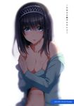  absurdres black_hair blue_eyes blush breasts cleavage covering covering_breasts hairband highres idolmaster idolmaster_cinderella_girls large_breasts long_hair long_sleeves naked_coat navel nohito non-web_source sagisawa_fumika scan solo translation_request 
