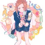  2016 artist_name bag candy candy_wrapper cookie emblem food hair_ornament hairclip heart heart-shaped_food holding houchou_toushirou ikuhiro_(19nnnkti16) leaning_forward lollipop male_focus military military_uniform satchel shorts solo spoken_heart swirl_lollipop touken_ranbu uniform 