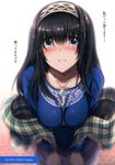  :i absurdres angry black_hair blue_eyes blush breasts collarbone hairband highres idolmaster idolmaster_cinderella_girls jewelry large_breasts long_hair long_sleeves looking_at_viewer nohito non-web_source pout sagisawa_fumika scan shawl solo tearing_up tears translation_request 