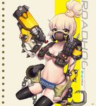  absurdres animal_print arm_wrap artist_name b-anma badge bandaged_arm bandages bangs belt belt_pouch black_legwear black_nails blonde_hair blue_panties breasts chain character_name cleavage collarbone covered_mouth fingernails gas_mask gauntlets genderswap genderswap_(mtf) groin gun hair_ornament hand_up handgun highleg highleg_panties highres holding holding_gun holding_weapon hook license_plate long_fingernails looking_at_viewer mask medium_breasts nail_polish navel overwatch panties pig ponytail pouch roadhog_(overwatch) short_ponytail shoulder_pads sickle sidelocks single_pauldron solo spikes stomach strap string_panties thighhighs tire topless trigger_discipline underwear watermark weapon web_address yellow_eyes 