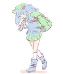  1girl backpack bag blue_eyes blue_hair boots hair_bobbles hair_ornament hat highres kawashiro_nitori rubber_boots sketch skirt solo touhou two_side_up walking white_background yoruny 