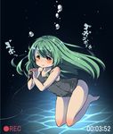  air_bubble barefoot blush breath bubble chidori_(wakakusachidori) diving_regulator freediving green_hair highres holding_breath long_hair mochizuki_usagi one-piece_swimsuit original school_swimsuit solo swimsuit underwater 