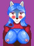  2016 alexis_crossman anthro blush breasts canine clothed clothing crossman female fur hair hi_res keyhole_turtleneck looking_at_viewer mammal nipples nude simple_background smile solo sweater wolf 