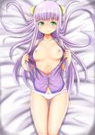  aoki_hagane_no_arpeggio areolae ass_visible_through_thighs blush breasts green_eyes highres i-400_(aoki_hagane_no_arpeggio) ju_(old505) lying nipples on_back open_clothes pajamas panties purple_hair small_breasts solo trembling underwear 
