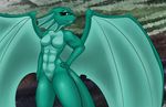  anthro breasts cool_colors derangedrake dragon female frill looking_at_viewer muscular muscular_female scalie solo wings 
