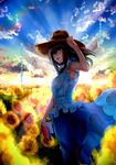  :d absurdres armpits black_hair blue_eyes book breasts cloud cloudy_sky dress field flower flower_field hand_on_headwear highres holding holding_book horizon idolmaster idolmaster_cinderella_girls large_breasts light_rays long_hair looking_back nohito non-web_source open_book open_mouth sagisawa_fumika scan sky smile solo sunflower translation_request 