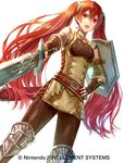  armor belt breasts company_connection company_name fingerless_gloves fire_emblem fire_emblem:_kakusei fire_emblem_cipher framed_breasts gloves hand_on_hip holding holding_weapon long_hair looking_at_viewer official_art open_mouth red_eyes red_hair selena_(fire_emblem) shield siro small_breasts solo sword twintails weapon white_background 