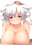  :o animal_ears breast_rest breasts eyebrows hat highres huge_breasts inubashiri_momiji looking_at_viewer nude red_eyes shishi_juuroku short_hair silver_hair simple_background solo thick_eyebrows tokin_hat touhou upper_body white_background wolf_ears 