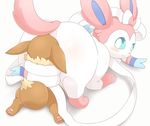  2016 3sthrees ambiguous_gender blue_eyes blush bound butt canine domination eevee eeveelution feral mammal nintendo pok&eacute;mon simple_background smile sylveon video_games white_background 
