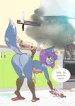  absurd_res anthro anus apron bent_over blue_fur blush butt canine clothing cooking cub dialogue english_text female flip_flops flour fur hair hi_res kitchen looking_back mammal naked_apron nipples purple_hair pussy rolling_pin sarah_(nb) smoke solo story story_in_description text wolf young zorak_(artist) 