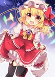  :d blonde_hair collared_shirt fang flandre_scarlet frilled_skirt frills garter_straps hat highres mary_janes mob_cap open_mouth orange_eyes puffy_short_sleeves puffy_sleeves ruhika shirt shoes short_hair short_sleeves side_ponytail skirt skirt_hold smile solo star thighhighs touhou vest wings wrist_cuffs 