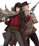  black_hair blonde_hair butch_cassidy cowboy drifters dual_wielding facial_hair gloves gun handgun hat holding indesign long_coat multiple_boys mustache revolver sundance_kid weapon western 