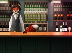  2016 anthro bar bartender beverage canine clothed clothing digital_media_(artwork) feline fox fur hair hi_res hybrid jamesfoxbr looking_at_viewer male mammal solo standing tiger 