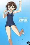  2016 9910991_(kindin) :d ahoge armpits blue_background blush brave_witches breasts brown_eyes brown_hair clenched_hands collarbone dated gradient gradient_background hair_ornament hairclip hands_up highres karibuchi_hikari looking_at_viewer one-piece_swimsuit open_mouth ribbon running school_swimsuit shoes short_hair silhouette_demon simple_background small_breasts smile solo swimsuit text_focus white_footwear white_ribbon world_witches_series 