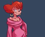  2015 anthro blue_background blue_eyes breasts canine cleavage clothed clothing disney ear_piercing female goof_troop hair half-closed_eyes hand_on_hip looking_at_viewer mammal mature_female peg_pete piercing plagueofgripes red_hair simple_background solo 