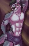  2016 abs abstract_background anthro athletic biceps biting_lip black_fur black_hair black_nose boxers_(clothing) bulge canine clothed clothing digital_media_(artwork) ear_piercing eye_scar eyebrow_piercing facial_piercing fcsimba front_view fur gauged_ear grey_fur hair half-closed_eyes hand_behind_head hand_on_butt heterochromia hi_res lip_piercing looking_at_viewer male mammal multicolored_fur pecs piercing pinup portrait pose scar solo standing teeth three-quarter_portrait underwear vitaly wolf 