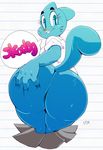  2016 big_butt blue_eyes blue_fur bottomless butt butt_grab cartoon_network cat clothed clothing digital_media_(artwork) feline female fur hand_on_butt mammal nicole_watterson presenting raised_tail simple_background smile solo text the_amazing_world_of_gumball undressing vimhomeless whiskers 