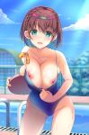  1girl ai-chan_(tawawa) asahina_hikage blue_eyes blue_swimsuit blush braid breasts brown_hair collarbone getsuyoubi_no_tawawa large_breasts looking_at_viewer nipples one-piece_swimsuit open_mouth pool short_hair side_braid smile solo swimsuit swimsuit_pull 