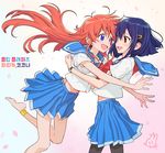  anklet armpit_peek barefoot blue_eyes blue_hair feet flip_flappers jewelry kokomine_cocona korean multiple_girls open_mouth papika_(flip_flappers) pink_hair red_eyes rod_(rod4817) school_uniform short_hair soles toes yuri 