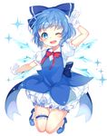  bangs bloomers blue_bow blue_dress blue_eyes blue_footwear blue_hair blush bow bowtie cirno dress gloves hair_bow high_heels highres ice ice_wings leg_garter looking_at_viewer one_eye_closed open_mouth paragasu_(parags112) red_bow red_neckwear salute shoes short_hair simple_background smile solo sparkle teeth touhou underwear white_background white_gloves wings 